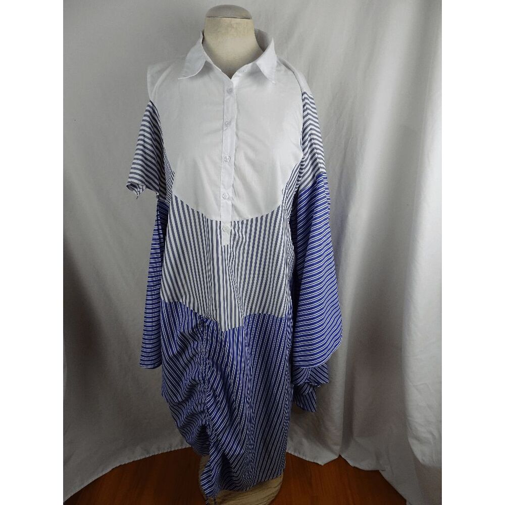 Buxom Curvy Stripe Asymmetrical Sleeve Shirt Dress with Cinched Waist Size 3XL